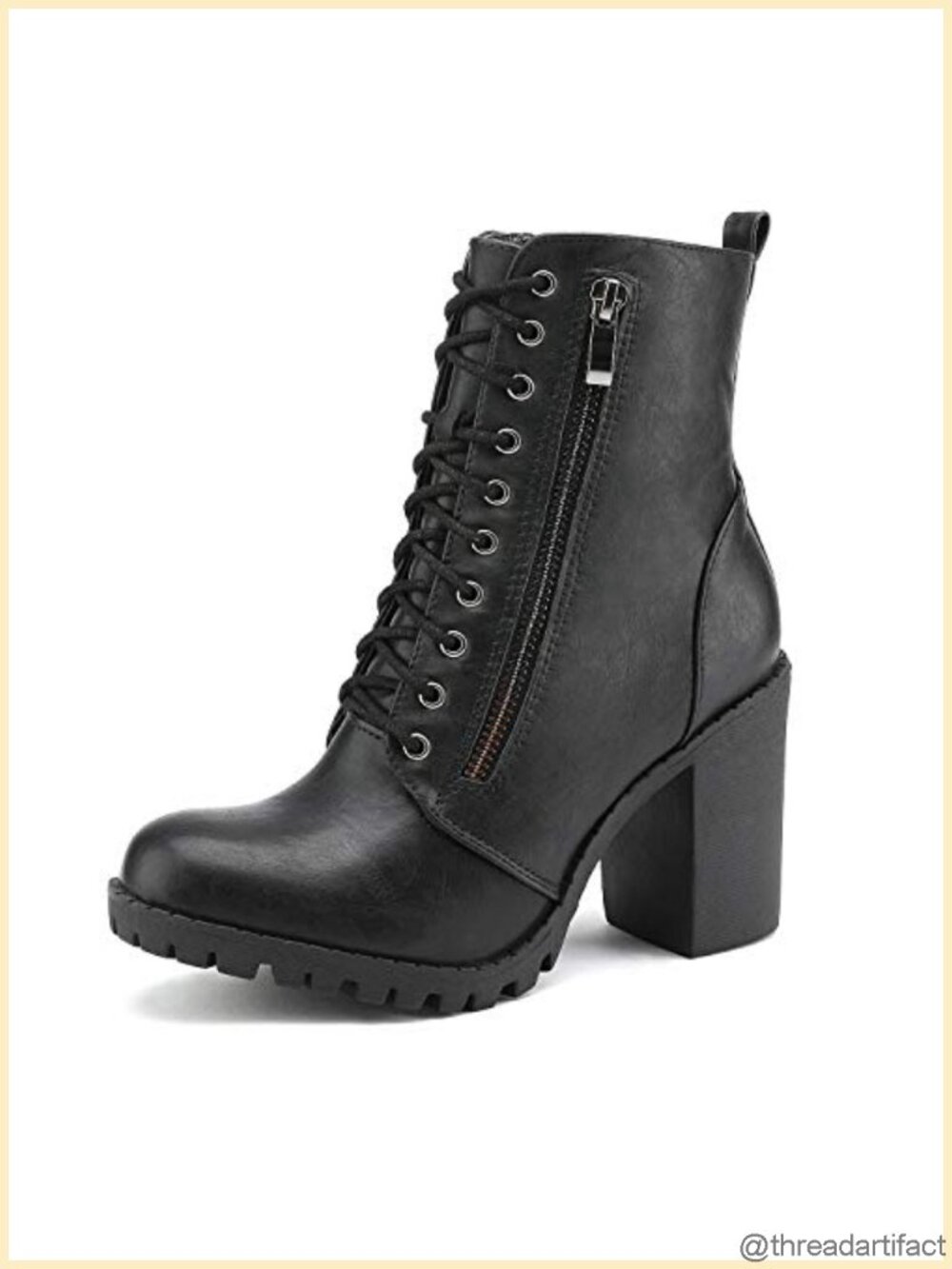 Women's Faux Leather Combat Ankle Booties Chunky Heel Lace Up Zip Closure